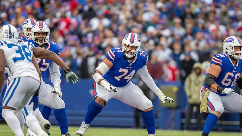 Guard (74) Cody Ford of the Buffalo Bills blocks against the Indianapolis Colts in an NFL...