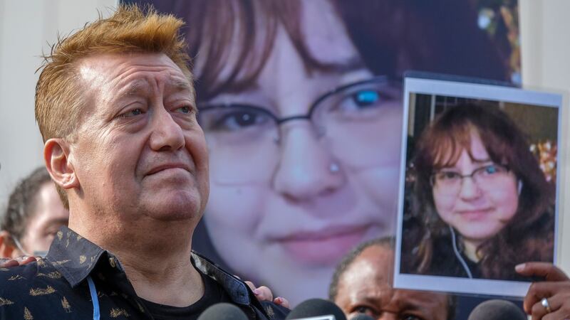 FILE - Juan Pablo Orellana Larenas, father of Valentina Orellana Peralta, speaks during a news...