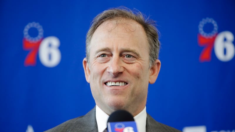 FILE - Philadelphia 76ers owner Josh Harris speaks with members of the media during a news...
