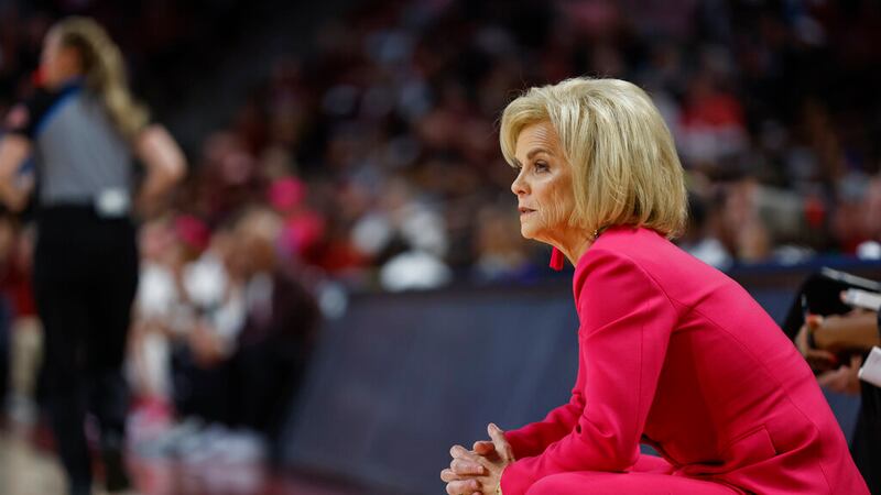 LSU head coach Kim Mulkey watches as her team plays South Carolina during the first half of an...