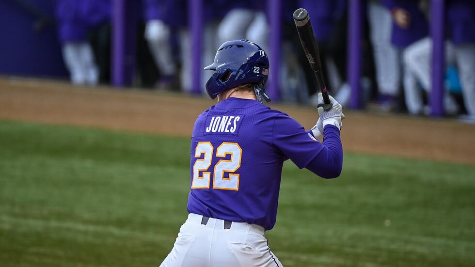 LSU designated hitter Jared Jones (22)