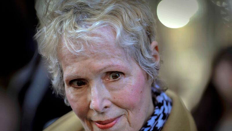 FILE - In this March 4, 2020, file photo, E. Jean Carroll talks to reporters outside a...