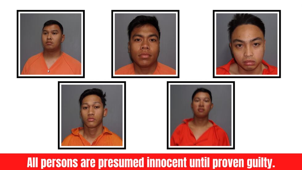 Five men were arrested for sexual assault. Top row: John Paul Bianzon, Cyrus Moises Labial,...