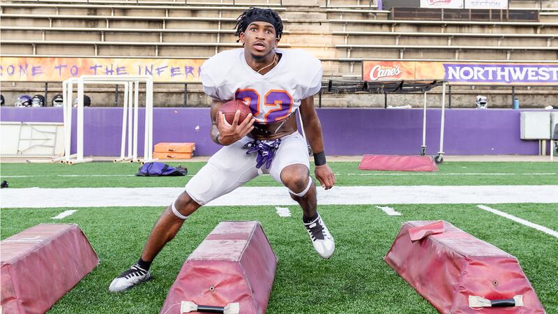 NSU running back Duce Hart Jr. goes through an agility drill.