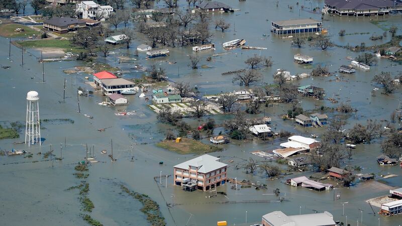 Buildings and homes are flooded in the aftermath of Hurricane Laura Thursday, Aug. 27, 2020,...