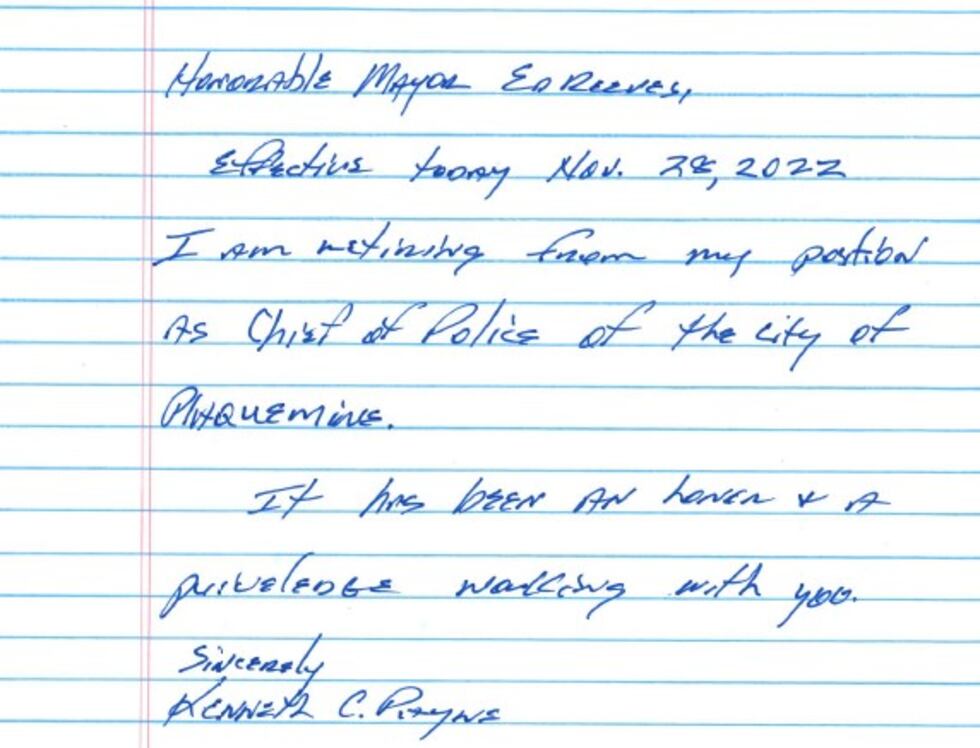 Plaquemine Police Chief Kenny Payne will resign from office after pleading guilty to two of...