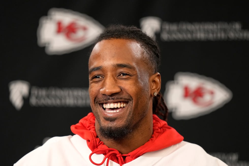 Kansas City Chiefs cornerback L'Jarius Sneed talks to the media before an NFL football workout...