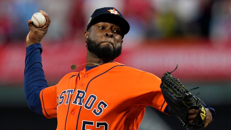 Houston Astros starting pitcher Cristian Javier throws during the first inning in Game 4 of...