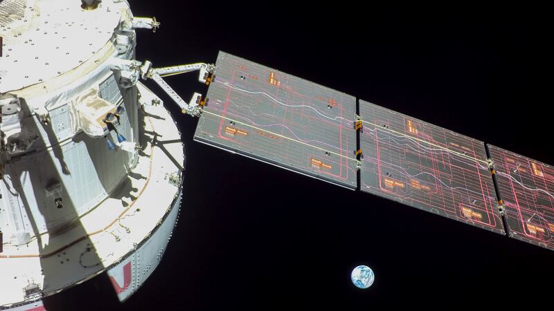 This image provided by NASA shows flight Day 9 imagery that NASA's Orion spacecraft captured...